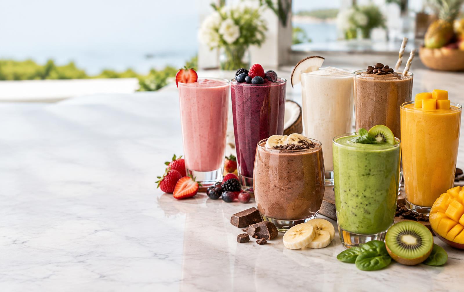 Smoothies de frutas com textura cremosa e apresentação para eventos